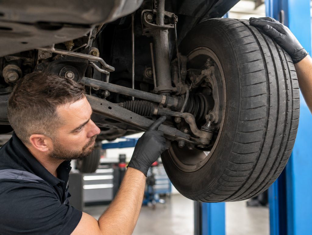 Mechanic inspecting steering and suspension problems
